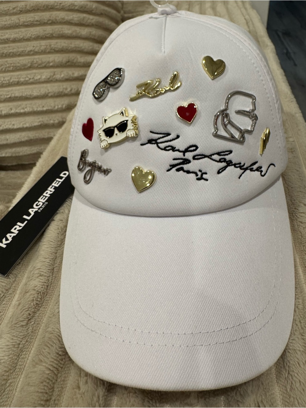 Karl Lagerfeld White Baseball Cap with Mixed Metal Charms